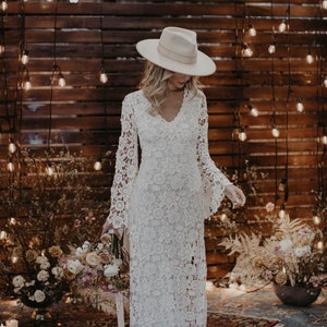 Vintage-Inspired Bohemian Wedding Gown. BELL SLEEVE LACE Crochet Ivory or White Hippie Wedding Dress. Boho Embroidered Maxi Lace Dress image 5