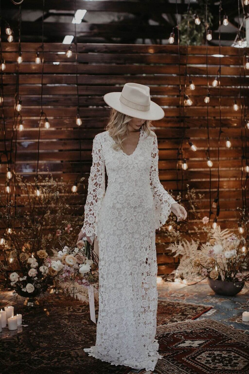 Vintage-Inspired Bohemian Wedding Gown. BELL SLEEVE LACE Crochet Ivory or White Hippie Wedding Dress. Boho Embroidered Maxi Lace Dress image 5