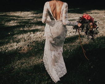 A FAVORITE Lisa Lace Bohemian Wedding Dress | Cotton Lace with OPEN BACK | Handmade |  Long Sleeve Boho Beach Wedding Dress