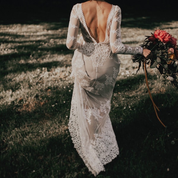 A FAVORITE Lisa Lace Bohemian Wedding Dress | Cotton Lace with OPEN BACK | Handmade |  Long Sleeve Boho Beach Wedding Dress