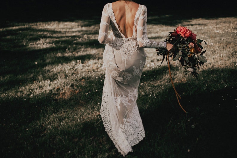 A FAVORITE Lisa Lace Bohemian Wedding Dress Cotton Lace with OPEN BACK Handmade Long Sleeve Boho Beach Wedding Dress image 1