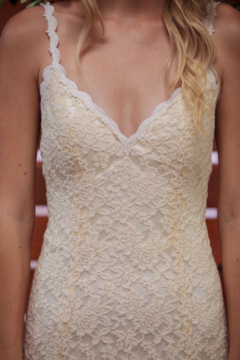 Lace Backless Wedding Dress. Plunge Scallop Front. LOW BACK wedding dress. simple elegant bohemian wedding dress. IVORY lace. image 4