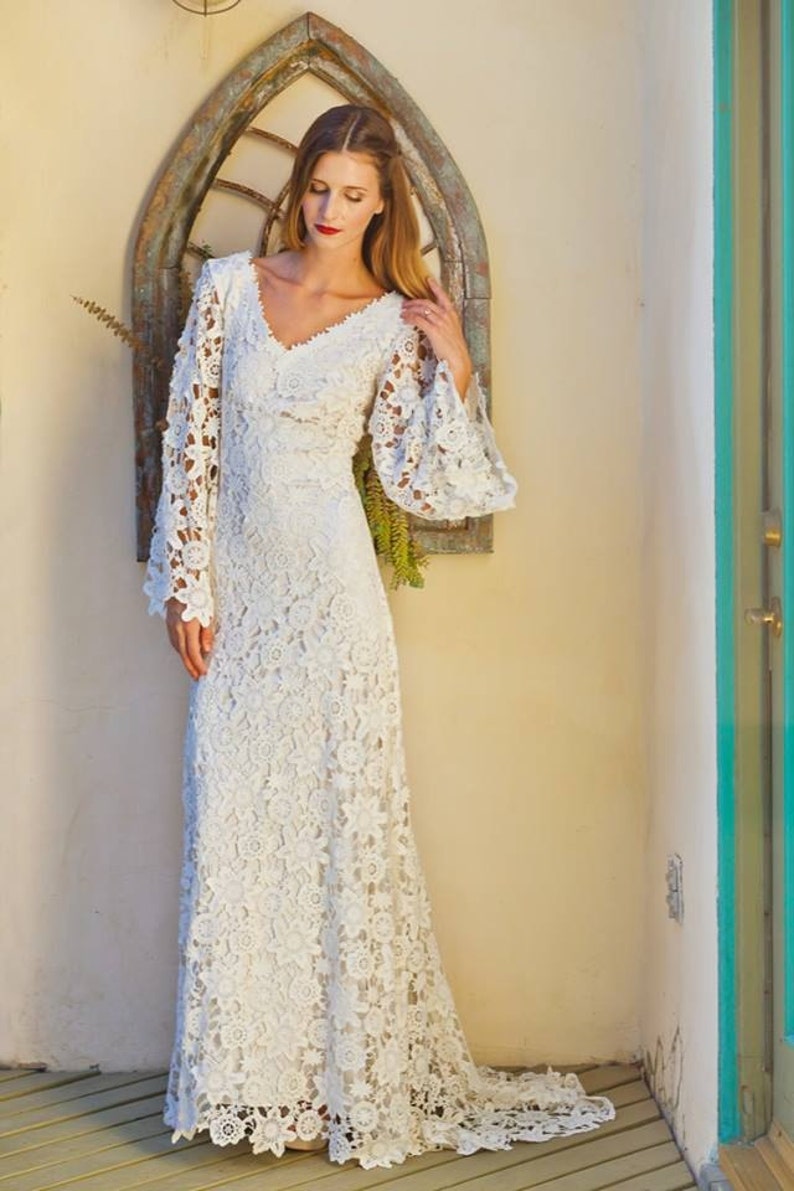 Crochet Lace Bohemian Wedding Dress. OPEN BACK with BOHO Bell | Etsy