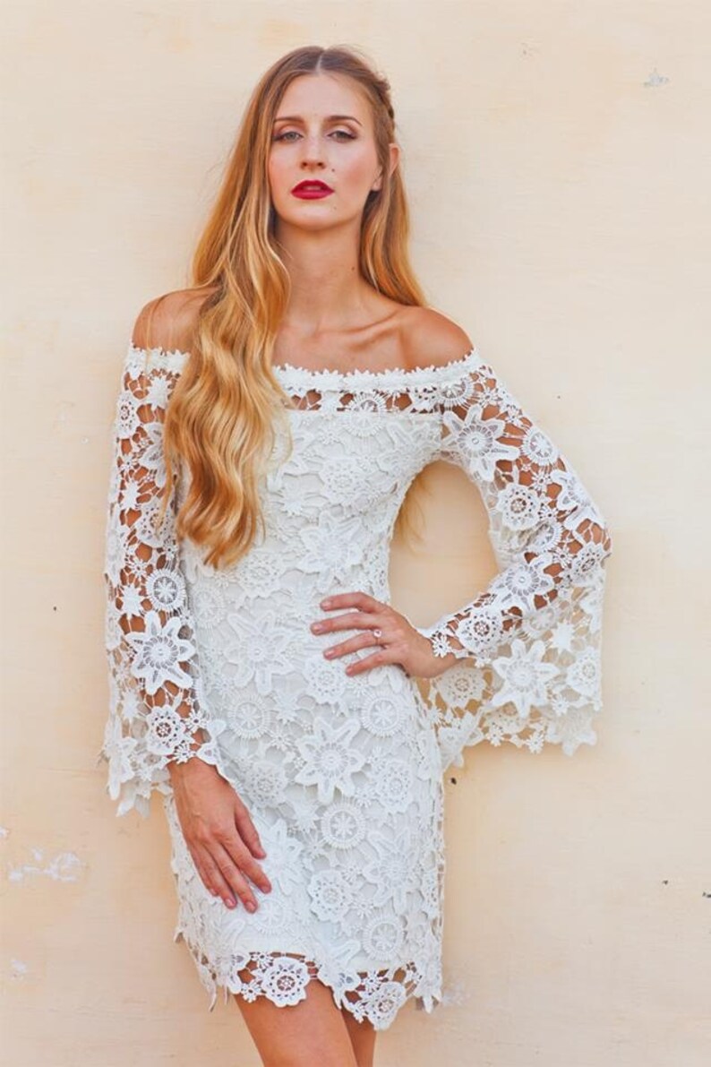 BELL SLEEVE Crochet Lace Dress / off Shoulder Neckline / Boho Etsy