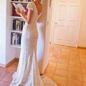 Bohemian Wedding Dress STRETCH LACE GOWN with Train Panelled Patchwork Construction Ivory or White Bohemian Dress Short Sleeves image 1