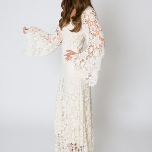 Vintage-Inspired Bohemian Wedding Gown. BELL SLEEVE LACE Crochet Ivory or White Hippie Wedding Dress. Boho Embroidered Maxi Lace Dress image 8