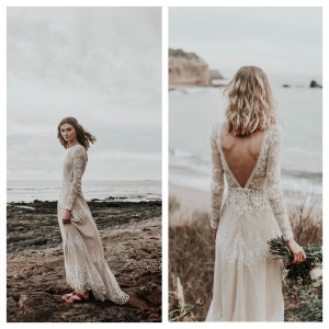 A FAVORITE Lisa Lace Bohemian Wedding Dress Cotton Lace with OPEN BACK Handmade Long Sleeve Boho Beach Wedding Dress image 3