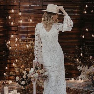 Vintage-Inspired Bohemian Wedding Gown. BELL SLEEVE LACE Crochet Ivory or White Hippie Wedding Dress. Boho Embroidered Maxi Lace Dress image 3