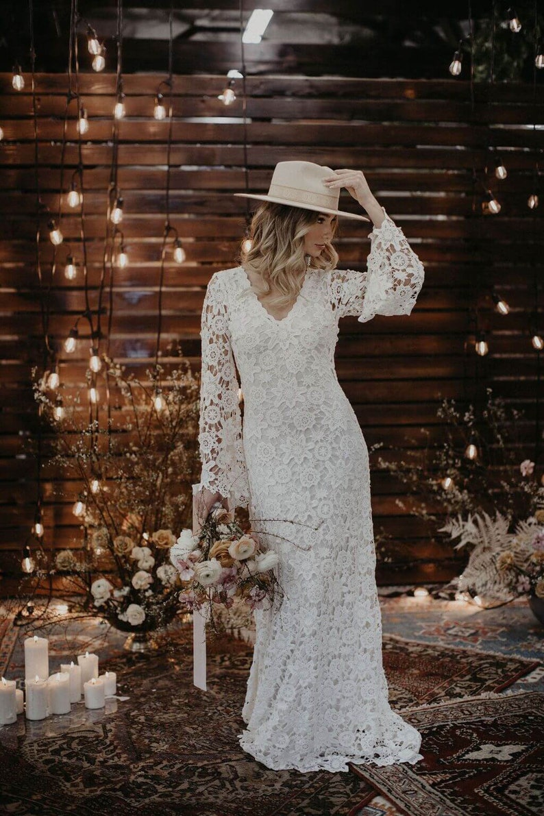 Vintage-Inspired Bohemian Wedding Gown. BELL SLEEVE LACE Crochet Ivory or White Hippie Wedding Dress. Boho Embroidered Maxi Lace Dress image 3