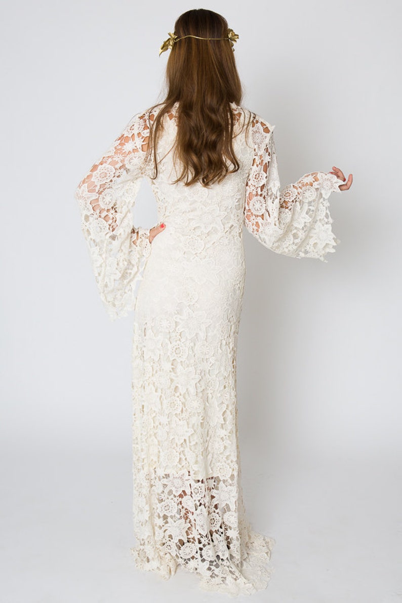 Vintage-Inspired Bohemian Wedding Gown. BELL SLEEVE LACE Crochet Ivory or White Hippie Wedding Dress. Boho Embroidered Maxi Lace Dress image 9