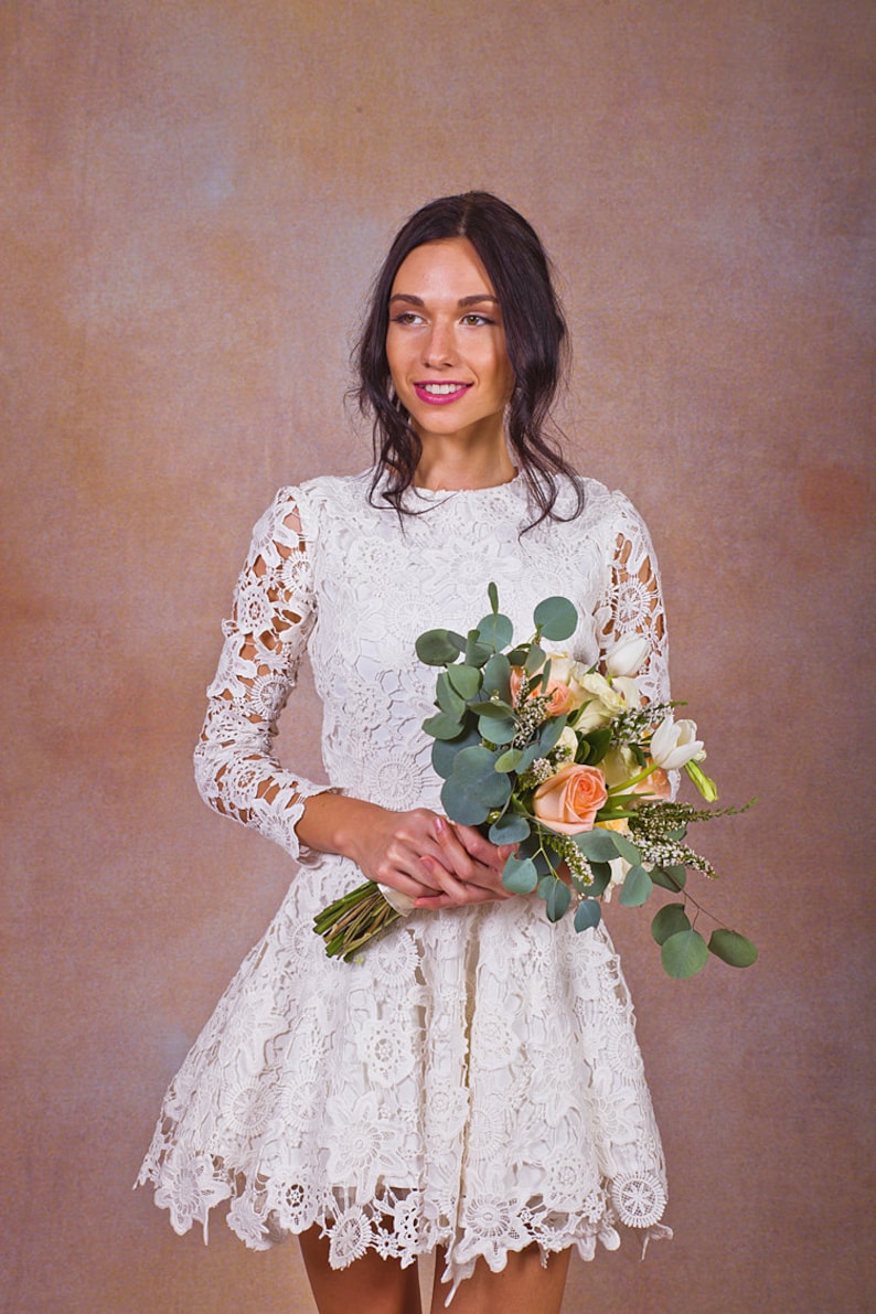 Daniela Lace SHORT WEDDING DRESS. ivory or white crochet lace bohemian wedding dress. long sleeves. Lace reception mini dress. image 3