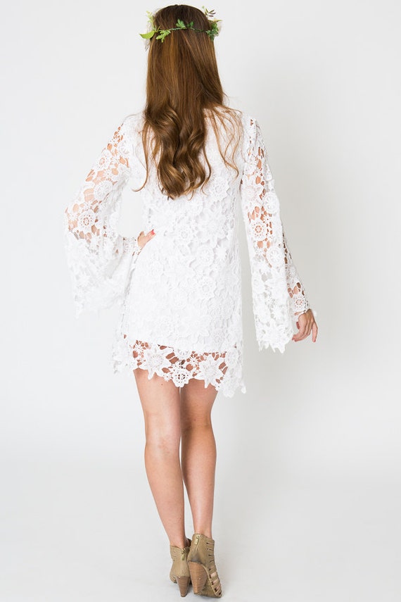 LACE Mini Dress BELL SLEEVE / Bohemian ...