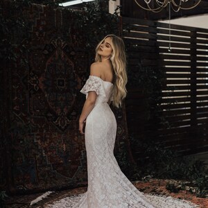 Callista Bohemian Wedding Dress. OFF SHOULDER lace boho wedding gown with FRINGE hem and buttons. Made to Measure in California. size 0-18 image 6