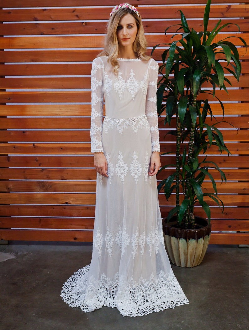 A FAVORITE Lisa Lace Bohemian Wedding Dress Cotton Lace with OPEN BACK Handmade Long Sleeve Boho Beach Wedding Dress image 5