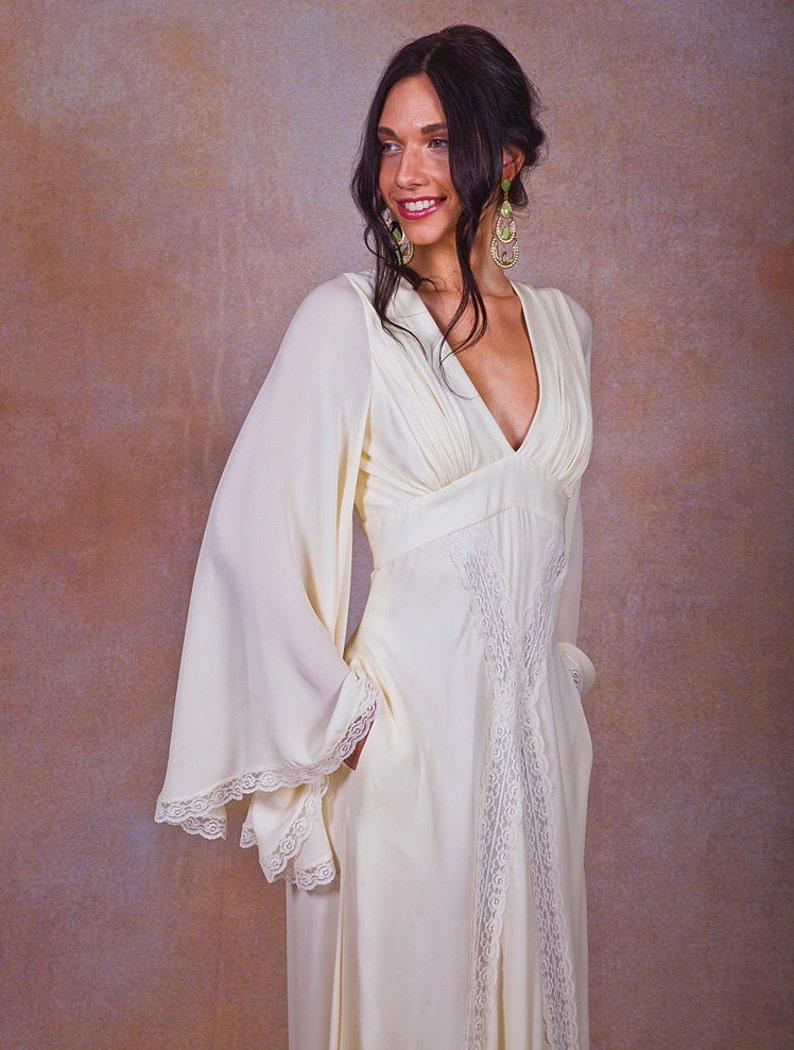Ivory pure silk bohemian wedding dress. Bell ANGEL SLEEVES ...