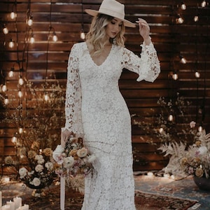 Vintage-Inspired Bohemian Wedding Gown. BELL SLEEVE LACE Crochet Ivory or White Hippie Wedding Dress. Boho Embroidered Maxi Lace Dress image 2