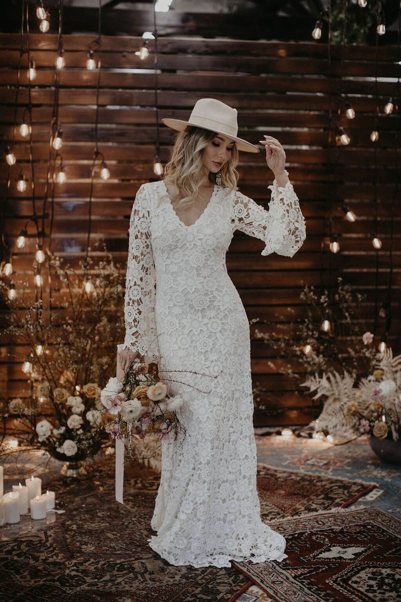 Vintage-Inspired Bohemian Wedding Gown. BELL SLEEVE LACE Crochet Ivory or White Hippie Wedding Dress. Boho Embroidered Maxi Lace Dress image 2