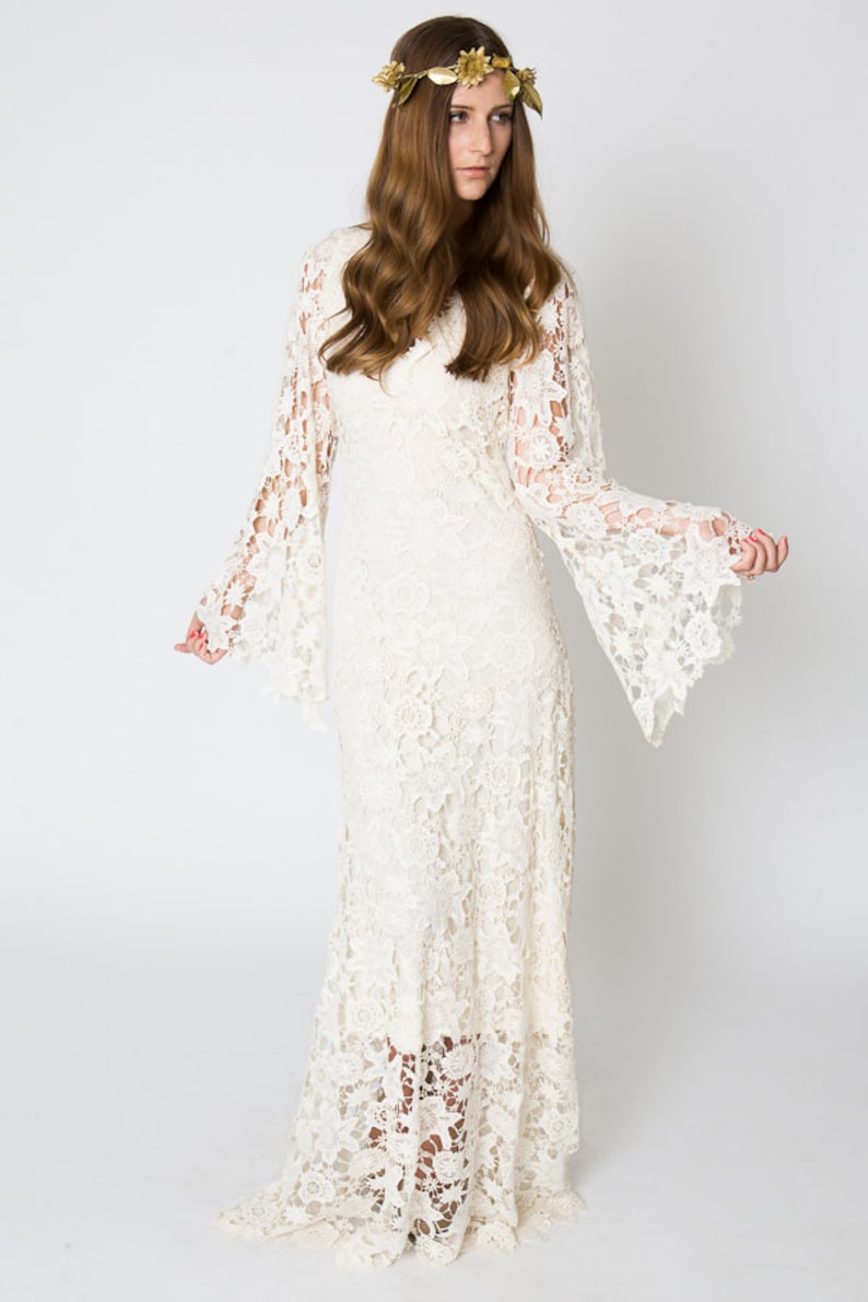 Vintage-Inspired Bohemian Wedding Gown. BELL SLEEVE LACE Crochet Ivory or White Hippie Wedding Dress. Boho Embroidered Maxi Lace Dress image 6