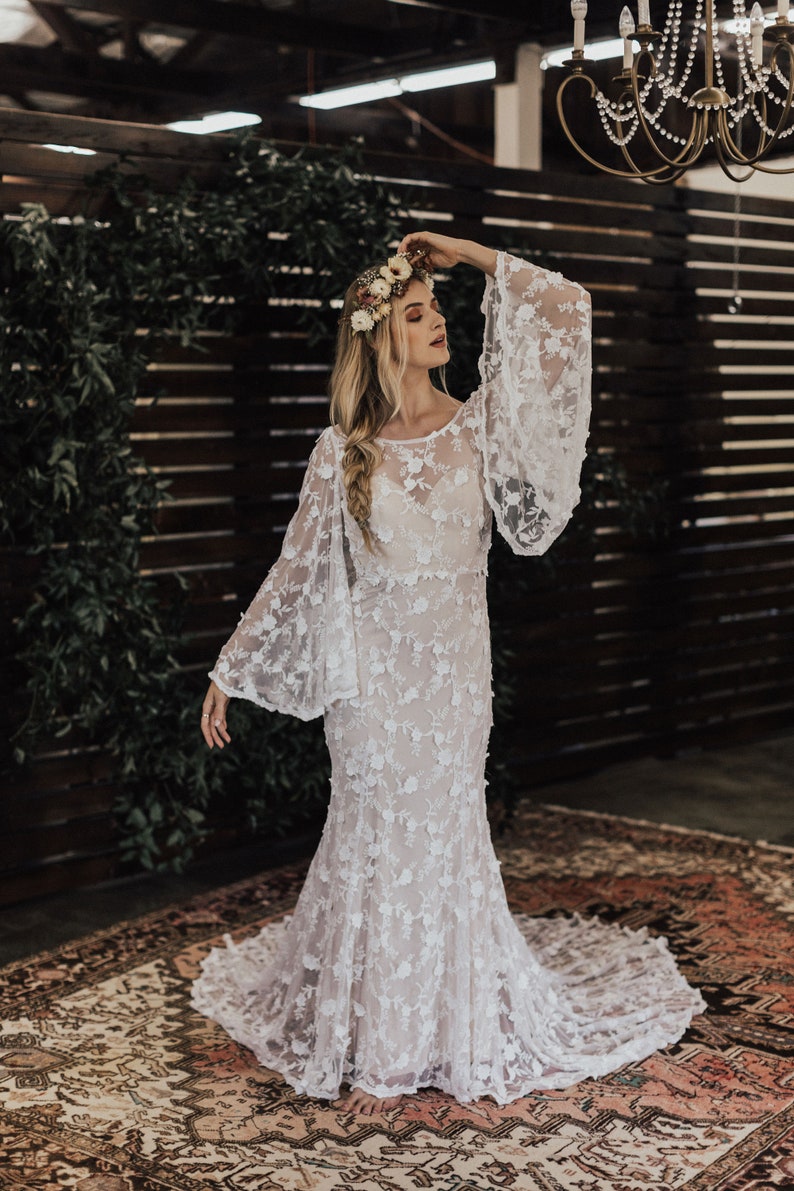 BESTSELLER Samantha Angel SLEEVES Lace Bohemian Wedding Dress Backless Boho Wedding Gown 3D LACE Custom Size 0-18 Made in California image 4