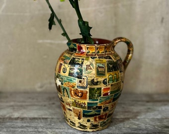 Very Attractive VINTAGE DECOUPAGED PITCHER / Vintage Stoneware Pitcher / Australian Postage Stamps / 1970s Australia / New Zealand