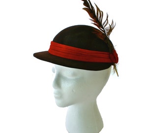 Vintage Brown Brimmed Felt Hat with Orange Band and Feather, Made in Paris, Hat with Feather