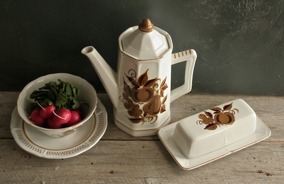 Vintage Mikasa Romano Terra Stone #7118 Coffee Pot, Bowl with Saucer and Butter Dish