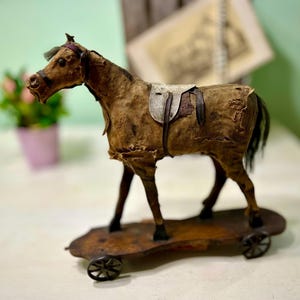 ANTIQUE French Horse PULL TOY / Brocante Horse / Antique Toy / 1800s Horse Pull Toy / Rustic / 1800s / Antique Horse / Rustic Toy.   (bc)