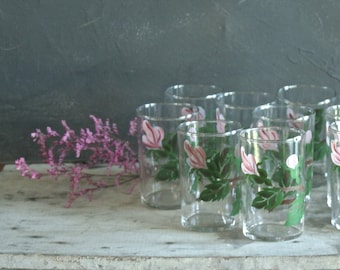 Very Rare Set of 10 Antique Federal Glass 6 oz. Juice Glasses, FEG27 Wild Rose, Handpainted, 1940s