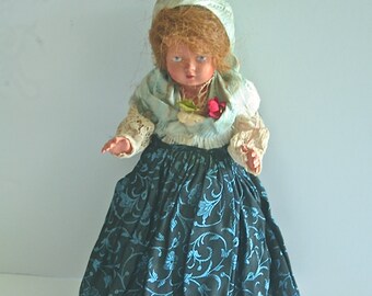 Sweet Little Vintage Antique German Schildkrot Turtle Collectible Celluloid Doll, 1930s, Traditional Folklore Clothes