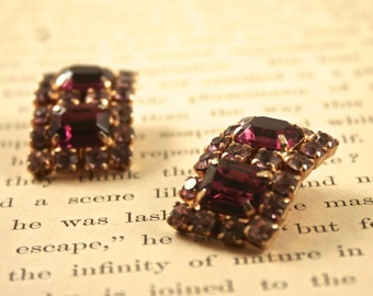 Pair of Vintage Costume Clip-On Earrings - Magenta Emerald Cut Rhinestones with Pink Rhinestone Framing - Vintage Jewelry, Vintage Earrings