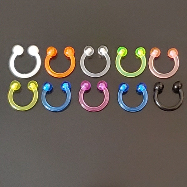 10 Piece Set - 16G Gauge - 8mm- Colorful Horseshoe Retainer Jewelry - Acrylic-Metal Free - Flexible Septum Nose Stud Piercing Retainer Rings