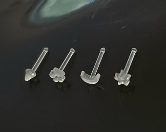 4 Piece Set - 20G Gauge - (includes Moon, Star, Flower, & Spike) Clear Bioplast Nose Stud-Septum Retainer-Flexible-Sports-Medical-Metal Free