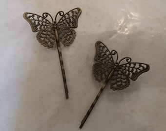 4 Pieces - Filigree Butterfly Hair Pins - Bobby Pins - Vintage Style, Antique Bronze Finish