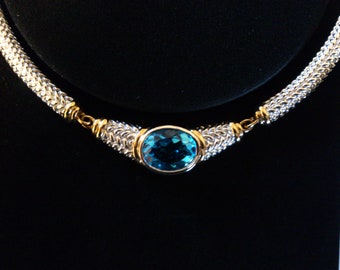 Real Collectibles by Adrienne - HEAVY Sterling Silver Station Collar Necklace with vermeil accents and center Blue Stone - 88 Grams