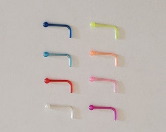 8 Piece Set - Colored - 20G Gauge- 2mm Flat Pad or Ball - L-Shaped - Bioplast -Metal Free -Septum Nose Stud Piercing Retainer Rings