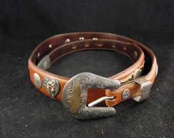 Big Al Western Leather Belt Gold Tone Buckle German Silver Black Size 28 Vintage Vtg Big Al ,al Beres Black Leather Belt Silver Overlay  main image 3
