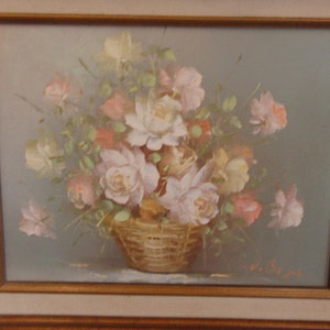 Vintage original oil painting of flowers on canvas signed by the artist