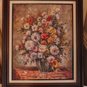 Vintage original oil on canvas painting of flowers signed by the artist