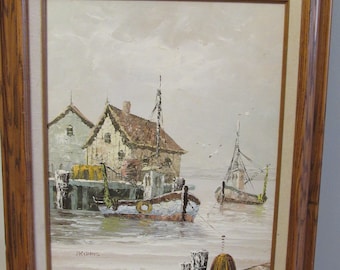 Original oil painting of a ship and a house