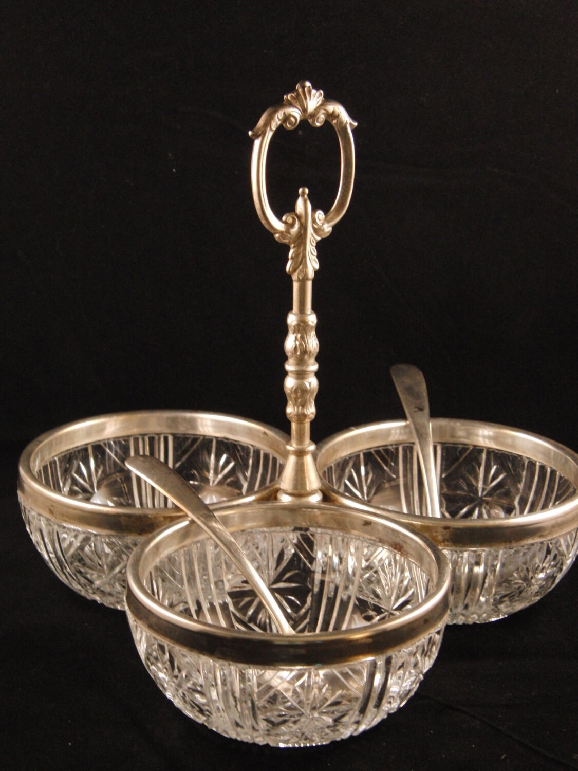 Crystal and silver plated three plates server with two spoons Etsy