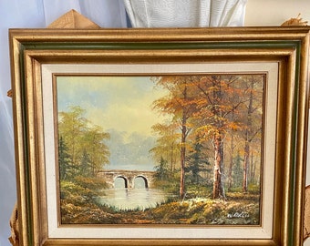 Original oil painting of a bridge signed by the artist