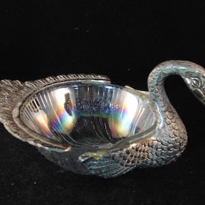 Vintage glass and metal dove candy bowl