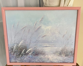 Vintage original oil painting on canvas (birds, sea scene) signed by the artist