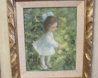 Vintage original oil painting of a girl and flowers