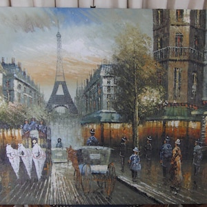 Vintage original oil on canvas painting of Eiffel Tower Paris city