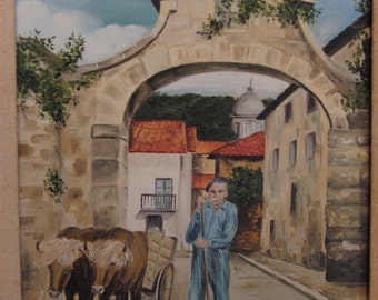 Original oil painting of a village