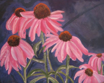 Purple coneflowers painting, original oil, echinacea flower wall decor