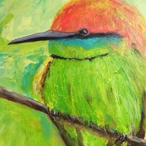Green bird painting on canvas, tropical wild animal bird art, impressionistic tropical bird wall art