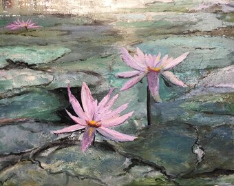 Water lily painting on canvas, Impressionistic painting, fine art wall decor, lotus flowers,palette knife Asian art, jewels of the pond