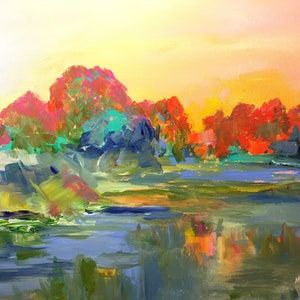 Sunrise original contemporary lake and landscape painting, original wall decor, large original acrylic wall art decor
